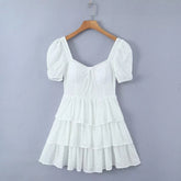 Lizakosht Tiered White Lace Summer Short Dress for Petite Women Puff Sleeve Flower Embriodery Zip Mini Beach Party Vestidos 2023